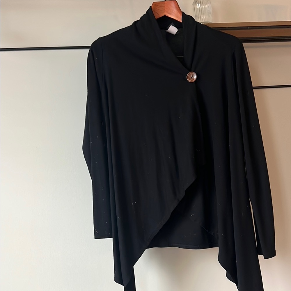 Black Draped Cardigan with Button Detail